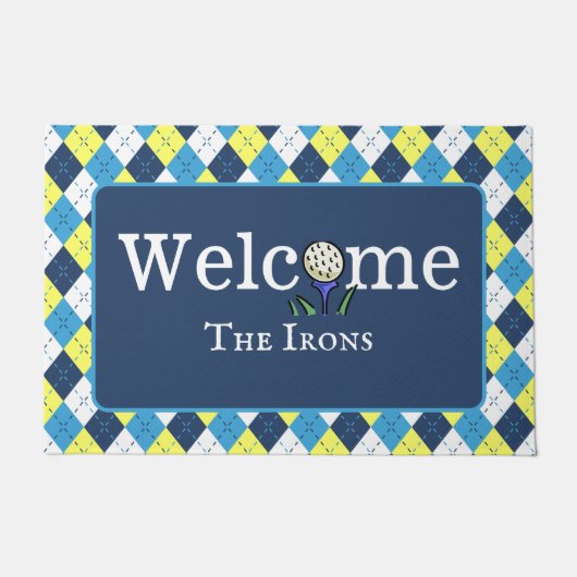 Preppy Blue Yellow Raute Persönlicher Golfwillkomm Fußmatte (Vorderseite)