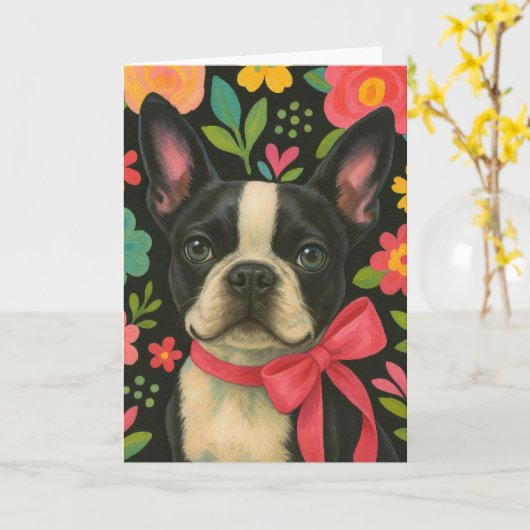 Preppy Boston Terrier Karte (Gelbe Blume)