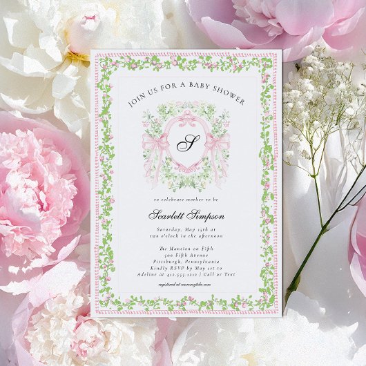 Preppy-Botanik-Rosette-Monogramm-Baby-Shower Einladung