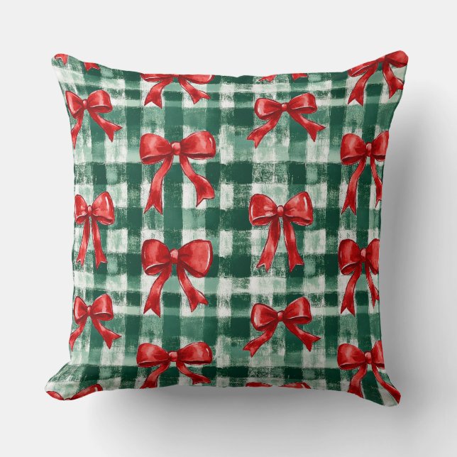 Preppy Bow Green Plaid Christmas Kissen (Vorderseite)