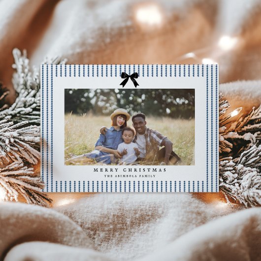 Preppy Bow Indigo Stripe Foto Feiertagskarte