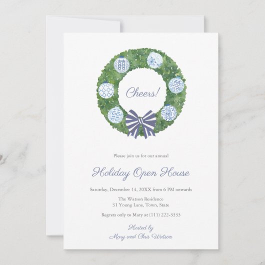 Preppy Boxwood Wreath Christmas Drinks Party Einladung (Vorderseite)