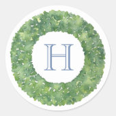 Preppy Boxwood Wreath Monogram Gastgeschenk Runder Aufkleber (Vorderseite)