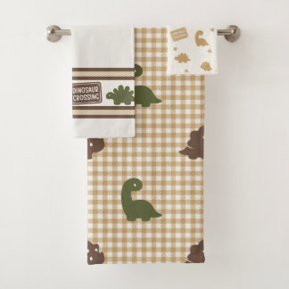 Preppy Boys Dinosaur Gingham - Brown Green & Khaki Badhandtuch Set