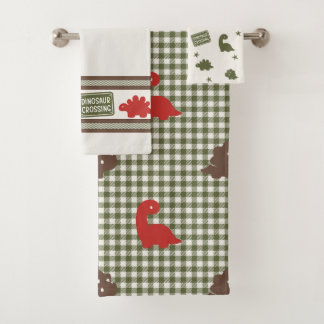 Preppy Boys Dinosaur Gingham -  Brown Red & Green Badhandtuch Set