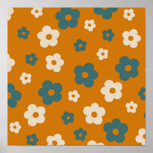 Preppy Braun Blau Hippie Blumenmuster Poster