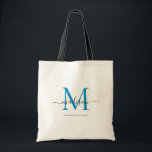 Preppy Bright Blue Black Monogram Chic Script Name Tragetasche<br><div class="desc">Modernes,  elegantes klassisches Bright Ocean Blue Black Monogram Initial Script Name Tote Bag</div>