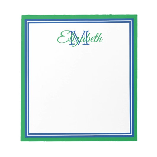 Preppy Bright Kelly Green und Deep Blue Monogram Notizblock (Vorderseite)