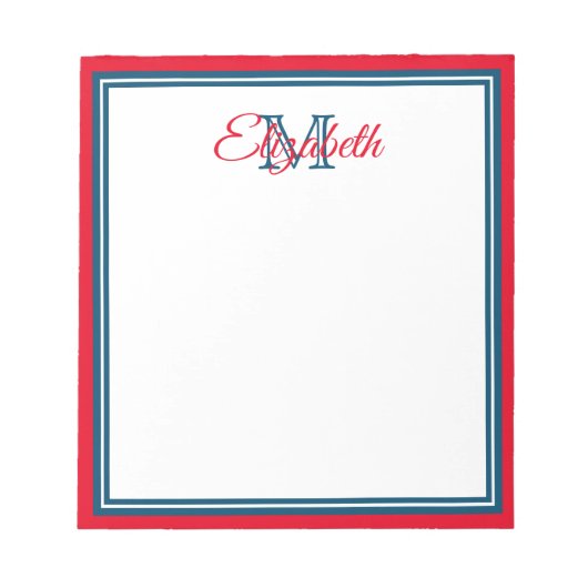 Preppy Bright Red and Marine Blue Monogram Notizblock (Vorderseite)