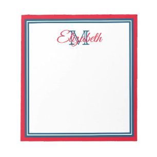 Preppy Bright Red und Marine Blue Monogram Notizblock