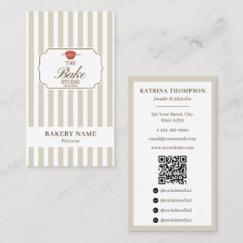 Preppy Brown & Beige Stripes Bakery Logo QR Code Visitenkarte