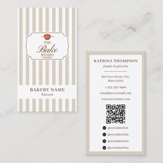 Preppy Brown & Beige Stripes Bakery Logo QR Code Visitenkarte (Vorne/Hinten)
