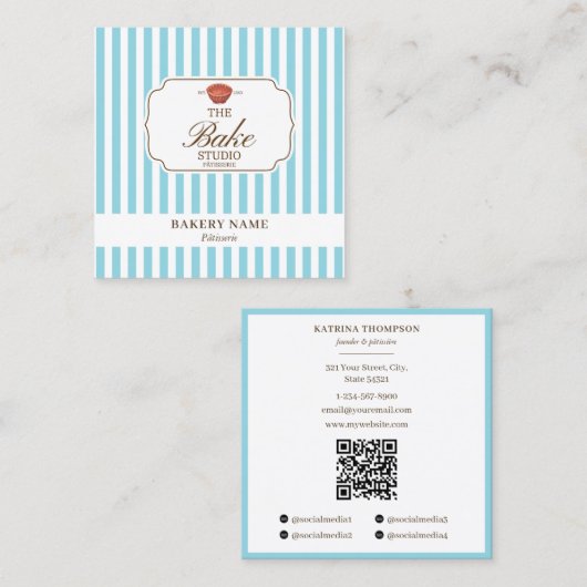 Preppy Brown & Blue Stripes Bakery Logo QR Code Quadratische Visitenkarte (Vorne/Hinten)