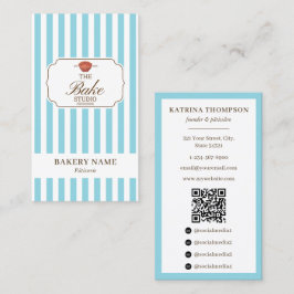 Preppy Brown & Blue Stripes Bakery Logo QR Code Visitenkarte