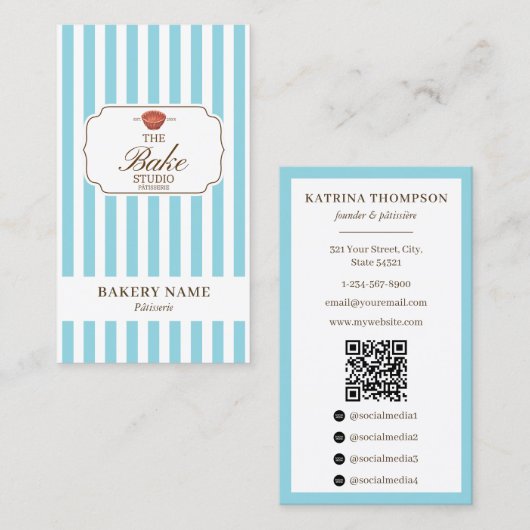 Preppy Brown & Blue Stripes Bakery Logo QR Code Visitenkarte (Vorne/Hinten)