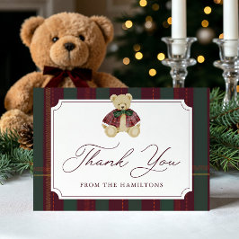 Preppy Burgundy Plaid Teddy Bear Baby Shower Dankeskarte