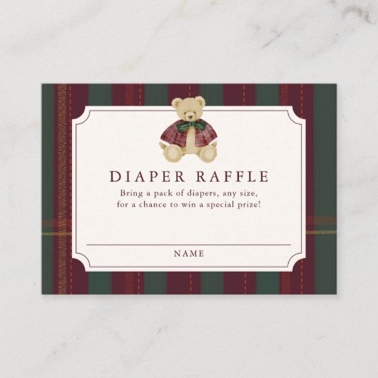 Preppy Burgundy Plaid Teddy Bear Diaper Raffle Begleitkarte (Vorderseite)