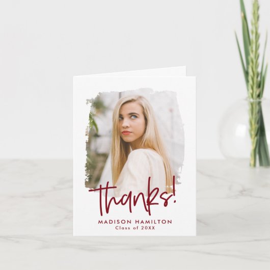 Preppy Burgundy Script Foto Abschluss Dankeskarte (Vorderseite)