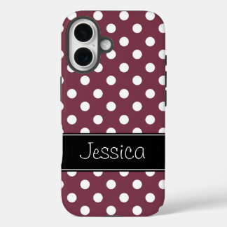 Preppy Burgundy und White Polka Dots Personalisier iPhone 16 Hülle
