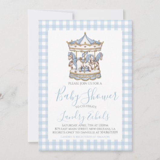 Preppy Carousel Blue Boy Baby Dusche Einladung (Vorderseite)