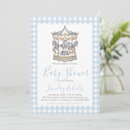 Preppy Carousel Blue Boy Baby Dusche Einladung (Stehend Vorderseite)
