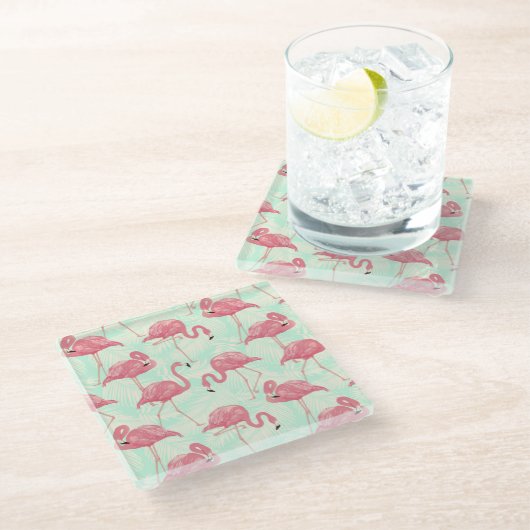 Preppy Chic Elegant rosa Flamingo Muster Glasuntersetzer (Schrägansicht)