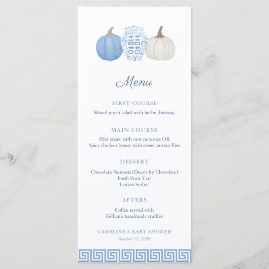 Preppy Chinoiserie Blue Pumpkin Baby Showmenü Menükarte (Vorderseite)