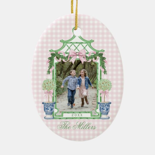 Preppy Chinoiserie Christmas Pagoda Monogram Keramik Ornament (Hinten)