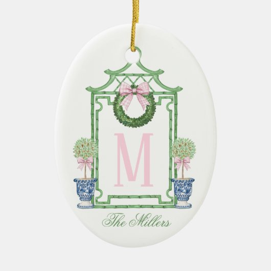 Preppy Chinoiserie Christmas Pagoda Monogram Keramik Ornament (Vorne)