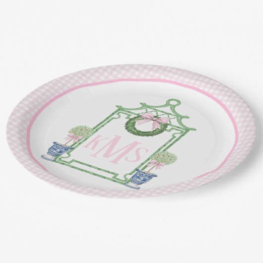 Preppy Chinoiserie Christmas Pagoda Monogram Pappteller (Schrägansicht)