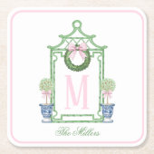 Preppy Chinoiserie Christmas Pagoda Monogram Rechteckiger Pappuntersetzer (Vorderseite)
