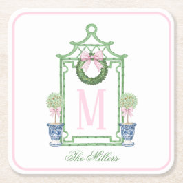 Preppy Chinoiserie Christmas Pagoda Monogram Rechteckiger Pappuntersetzer