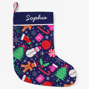Preppy Christmas Characters mit Bogen auf dunkelbl Kleiner Weihnachtsstrumpf