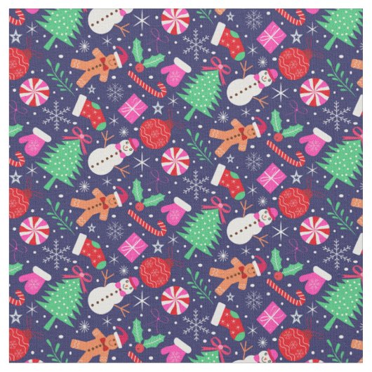Preppy Christmas Characters mit Bogen auf dunkelbl Stoff (Nahaufnahme)