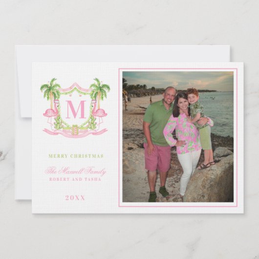 Preppy Christmas Flamingo Wappen Monogram Einladung (Vorderseite)