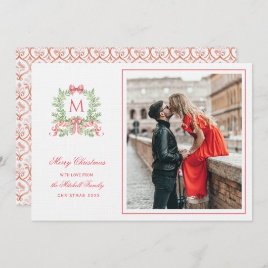 Preppy Christmas Leopard Crest Monogram  Einladung (Vorne/Hinten)