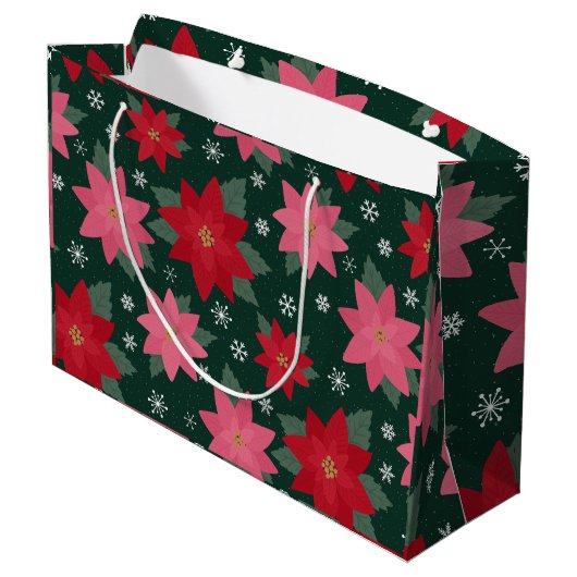Preppy Christmas Poinsettias & Snowflake Gift Bag Große Geschenktüte (Rückseite Schrägansicht)