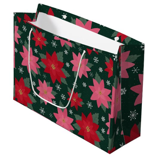 Preppy Christmas Poinsettias & Snowflake Gift Bag Große Geschenktüte (Vorderseite Schrägansicht)