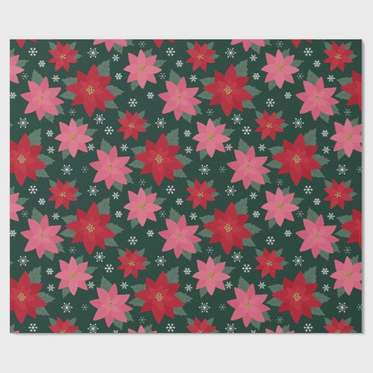 Preppy Christmas Poinsettias & Snowflakes on Green Geschenkpapier (Flach)