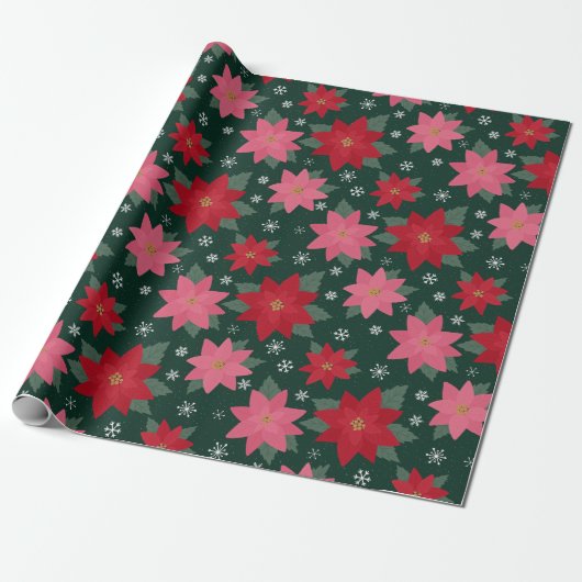 Preppy Christmas Poinsettias & Snowflakes on Green Geschenkpapier (Ungerollt)