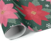 Preppy Christmas Poinsettias & Snowflakes on Green Geschenkpapier (Rolleneckpunkt)