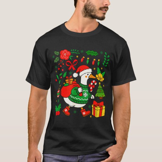 Preppy Christmas Santa Gooses Bow Xmas Tree Funny  T-Shirt (Vorderseite)