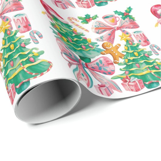Preppy Christmas Tree Bow Pink Blue Coquette Geschenkpapier (Rolleneckpunkt)
