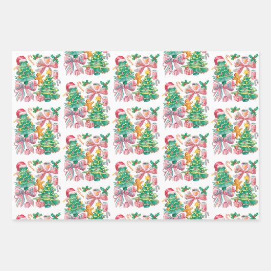 Preppy Christmas Tree Bow Pink Blue Coquette Geschenkpapier Set (Vorderseite)