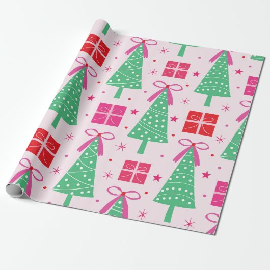 Preppy Christmas Trees mit rosa Bögen und Geschenk Geschenkpapier (Ungerollt)