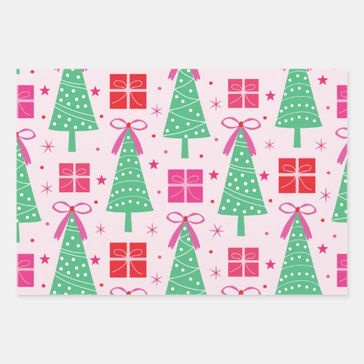 Preppy Christmas Trees mit rosa Bögen und Geschenk Geschenkpapier Set (Vorderseite 3)