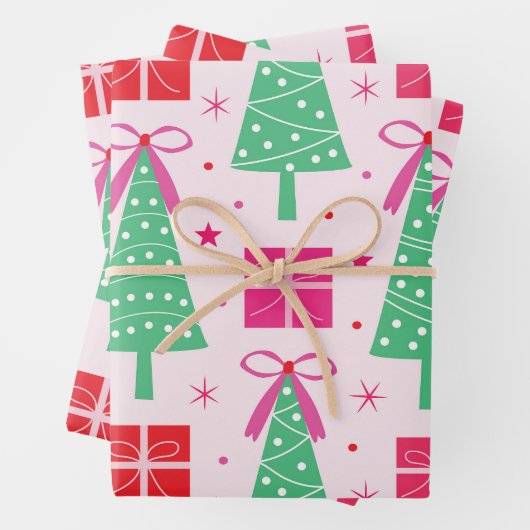 Preppy Christmas Trees mit rosa Bögen und Geschenk Geschenkpapier Set (Beispiel)