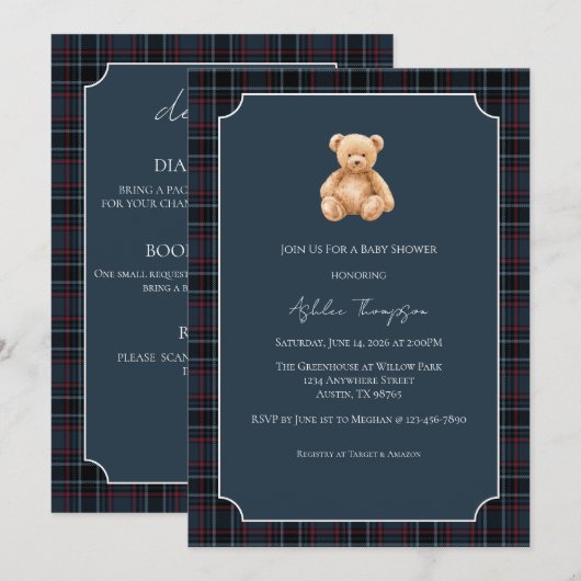 Preppy Classic Teddy Bear Baby Shower Einladung (Vorne/Hinten)