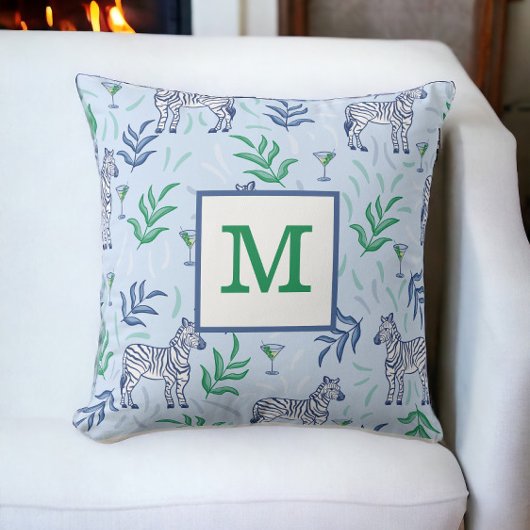 Preppy Classic Zebras und Martinis Blue Monogram Kissen