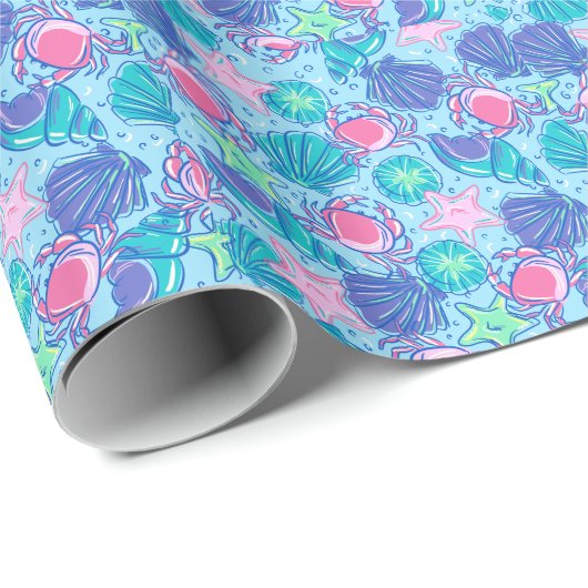 Preppy Coastal Beach Muschel Crab Geschenkpapier (Rolleneckpunkt)